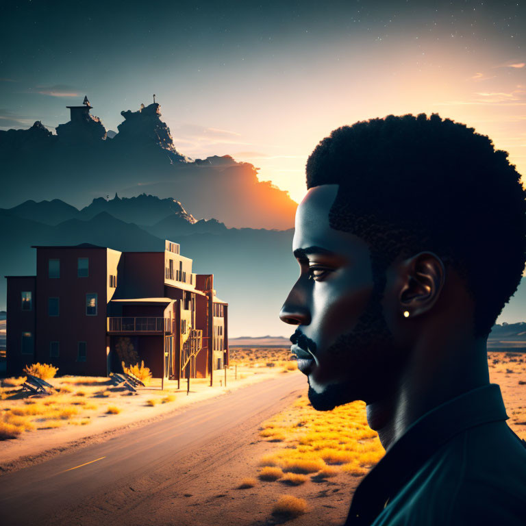 Man's Side Profile in Surreal Desert Landscape with Floating Islands