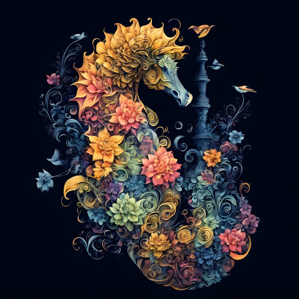 Colorful Flora and Fauna Composition with Seahorse Centerpiece