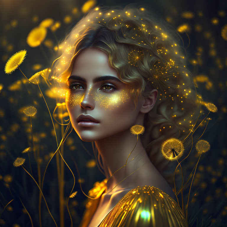 Woman with Golden Makeup in Fantasy Setting with Dandelions