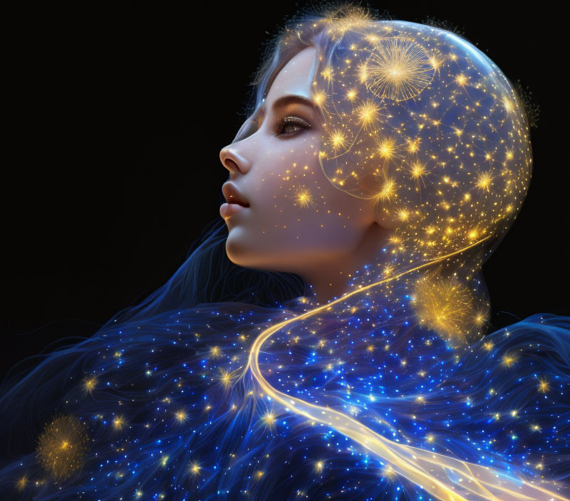 Woman's profile blending into galaxy theme with stars and cosmic patterns