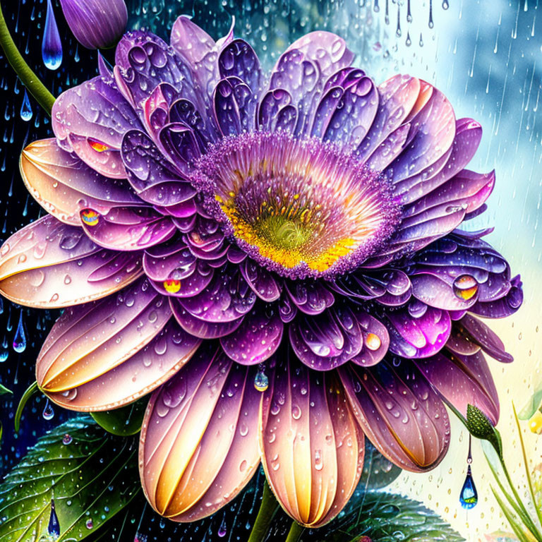 Purple flower with water droplets on petals and raindrops on window-pane