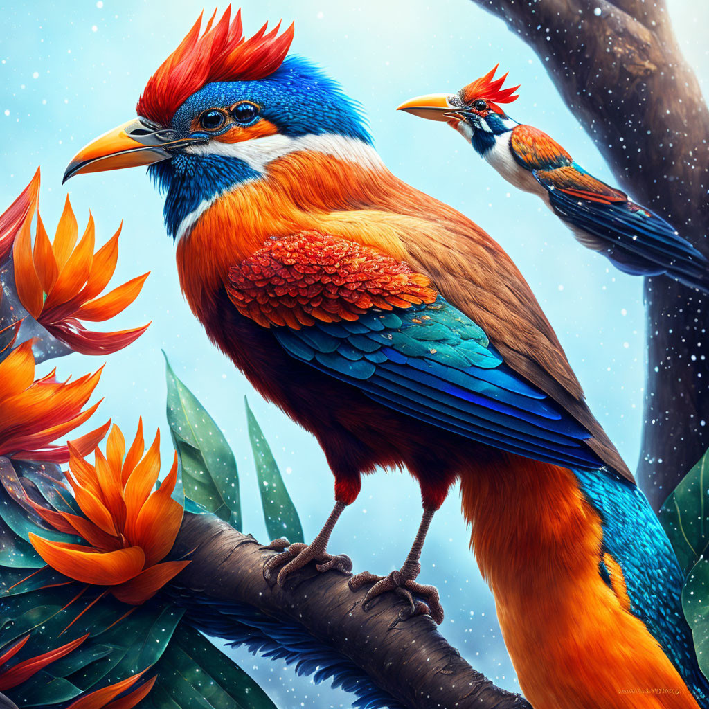 Colorful Birds Illustration on Branch with Orange Flowers and Snowy Background