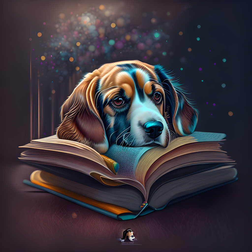 Vibrant dog illustration with soulful eyes on open book.