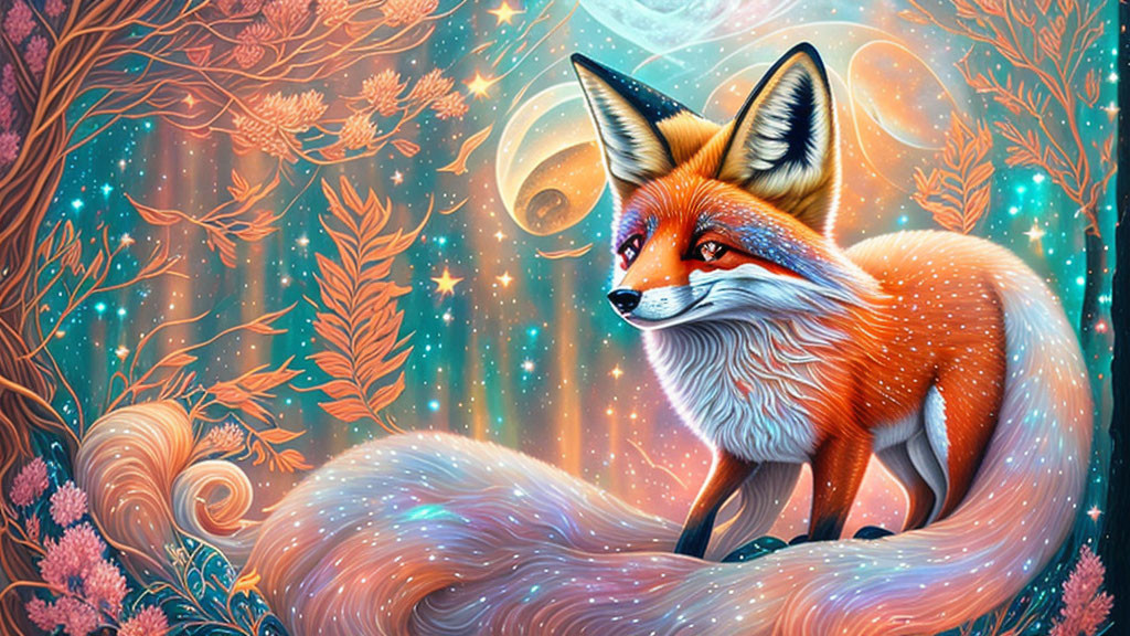 Colorful fox in mystical woodland with starry sky