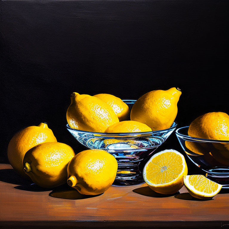 Ripe yellow lemons in glass bowls on dark surface.