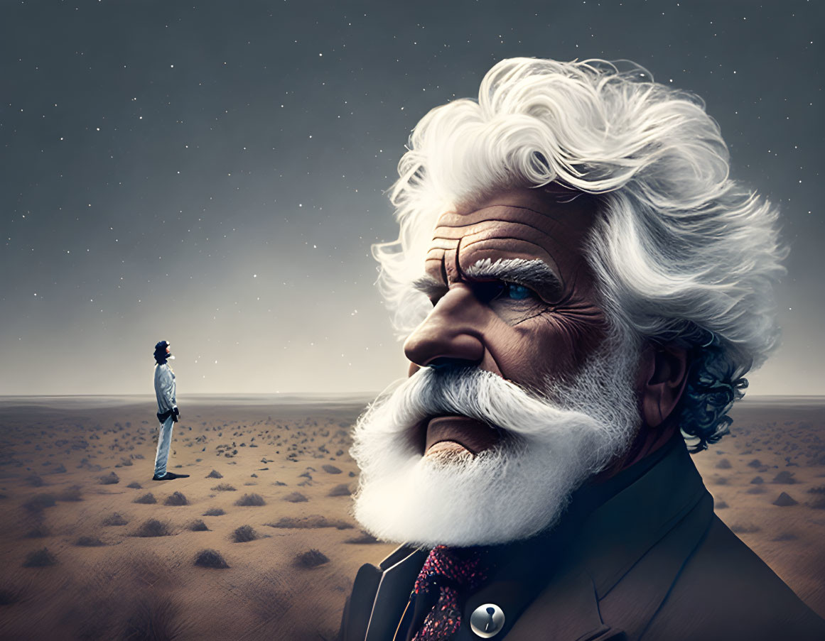 Man in barren desert faces giant surreal face of older man with white beard under dusky sky