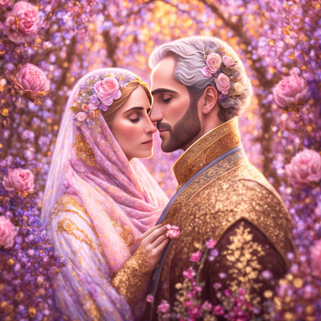 Illustrated couple in ornate traditional attire embracing in floral setting