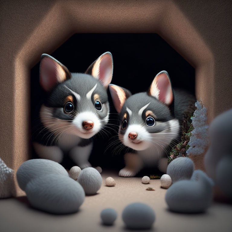 Cartoon-style corgi puppies in cozy den with pebbles and plants