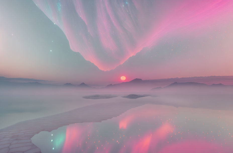 Surreal landscape: glowing aurora, pastel sunset, mist, cracked ice