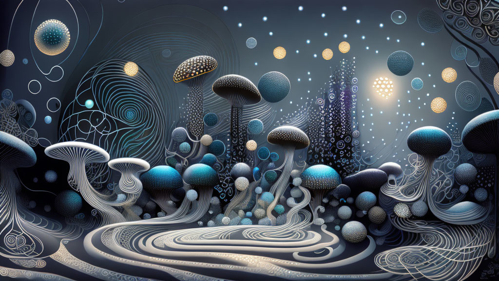 Surreal cosmic landscape with ornate mushrooms and swirling patterns