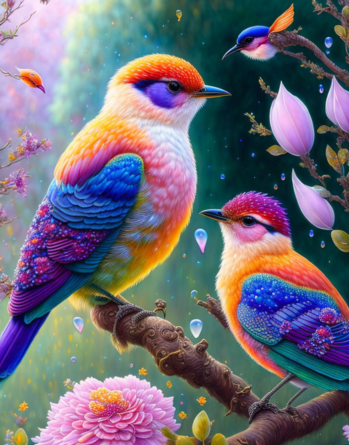 Colorful Stylized Birds on Branch with Fantasy Background