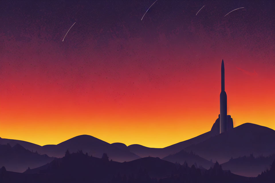 Digital illustration of rocket launch at sunrise/sunset with silhouetted mountains & starry sky.