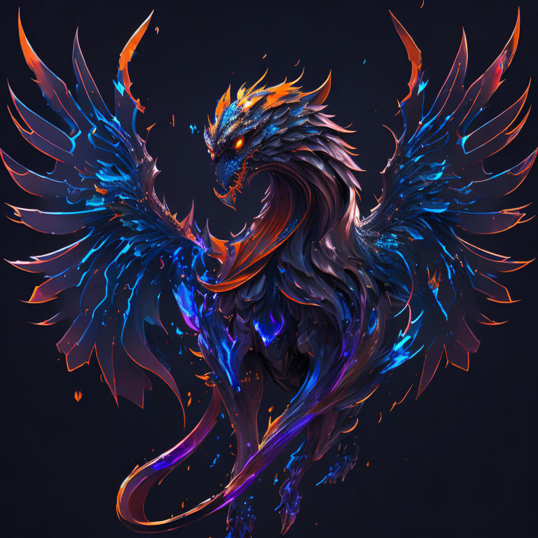 Mythical Phoenix Illustration with Orange and Blue Plumage