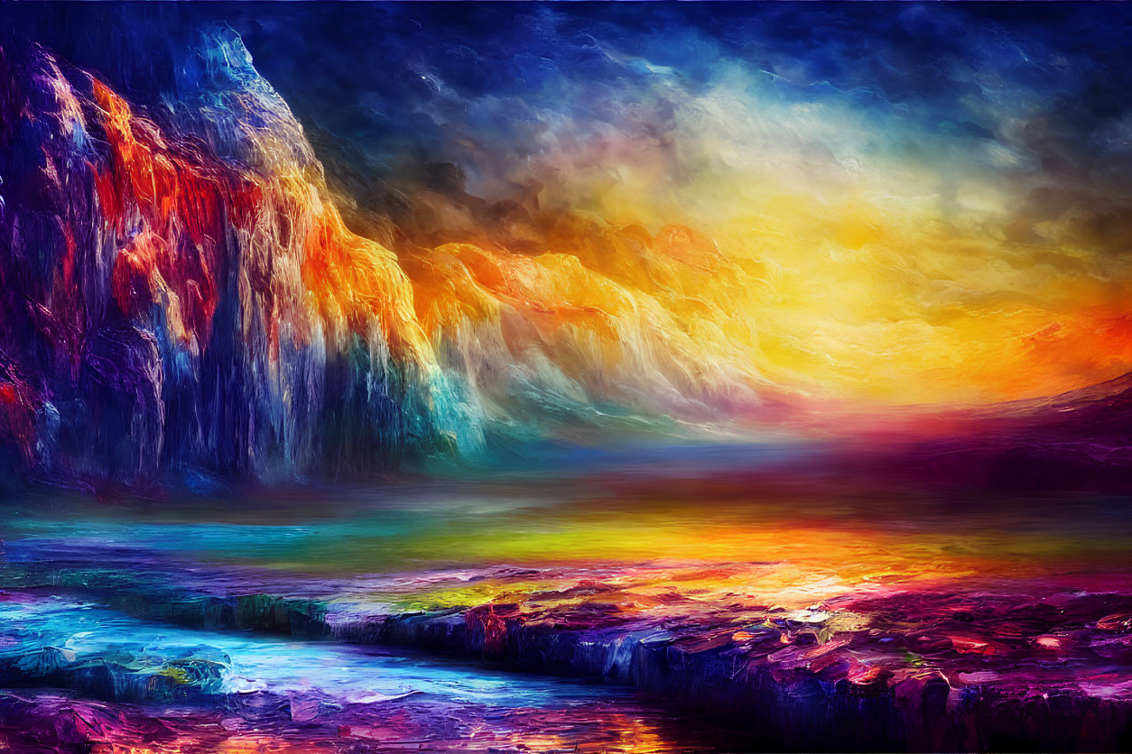 Colorful Impressionistic Landscape Painting of Fiery Sunset