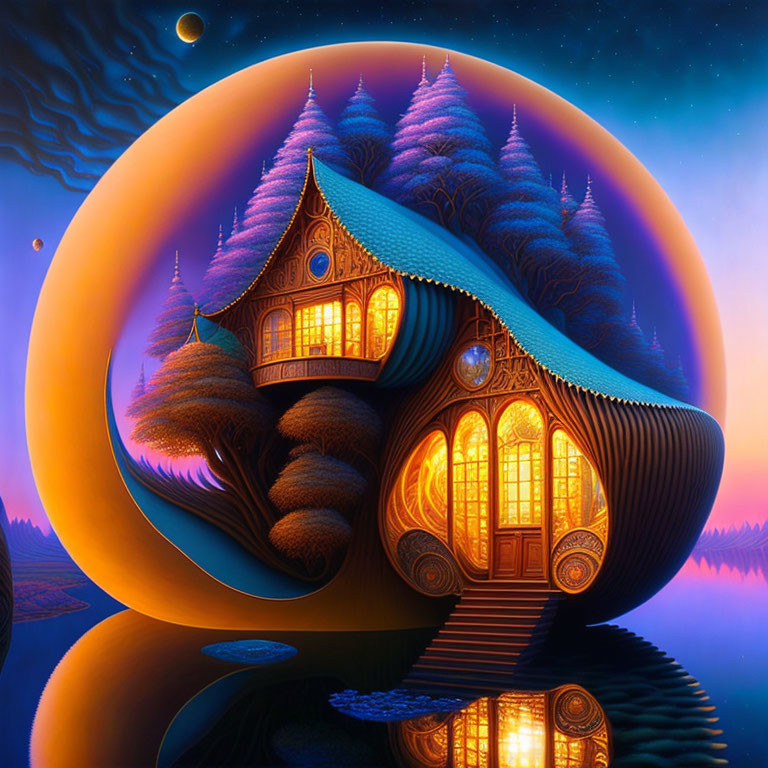 Fantasy house illustration with curved architecture and glowing windows.