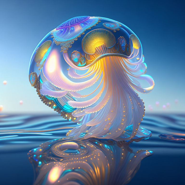 Luminescent ornate jellyfish 3D illustration above tranquil water