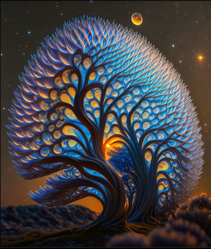 Fantastical tree with peacock feather-like leaves under starry sky