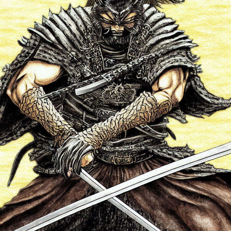 Detailed illustration of fierce warrior in intricate armor with dual swords.