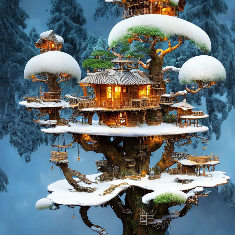 Snow-covered treehouse with Asian-style structures in twilight setting