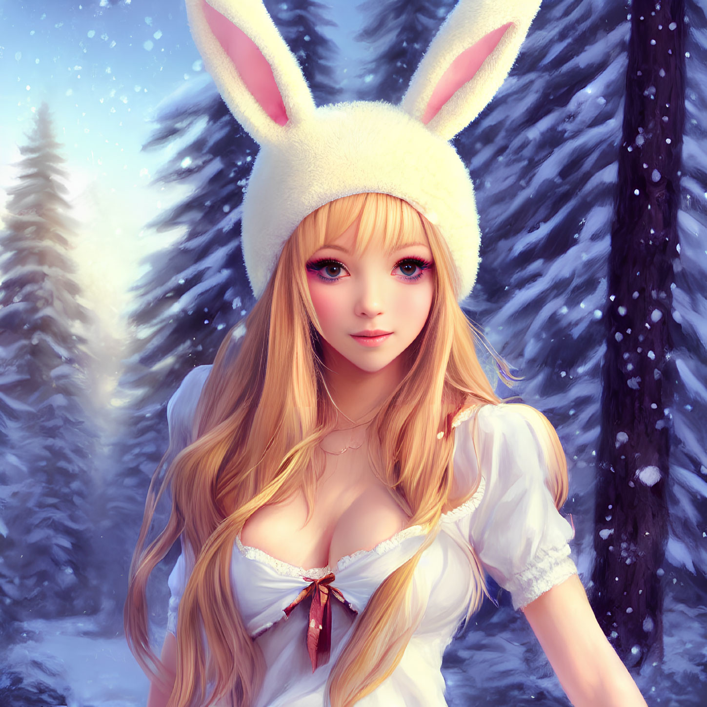 Blonde-haired female character in white dress and bunny-eared hat in snowy forest