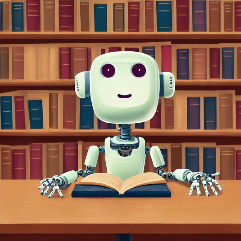 Adorable robot reading book at wooden desk surrounded by colorful books