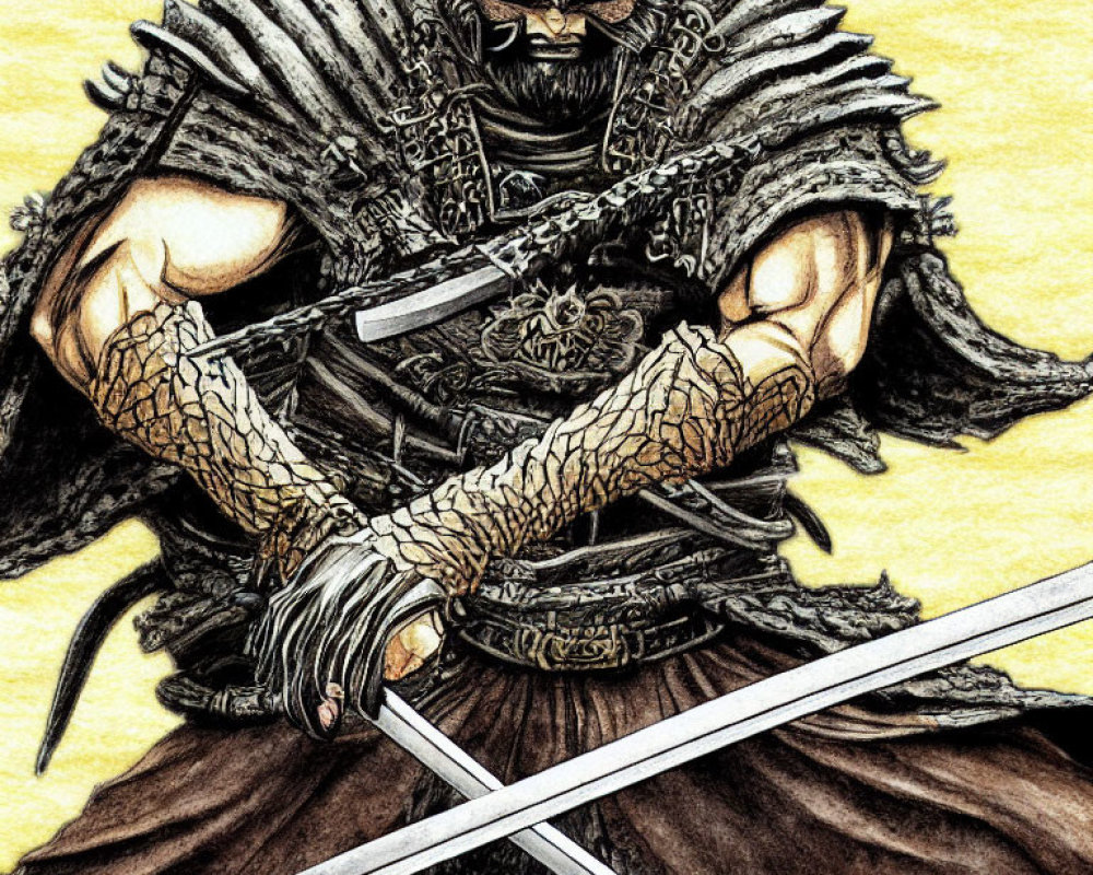 Detailed illustration of fierce warrior in intricate armor with dual swords.