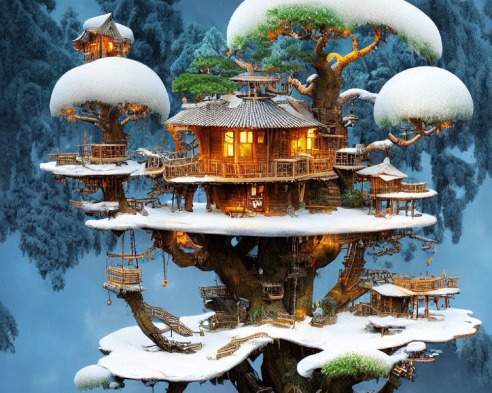 Snow-covered treehouse with Asian-style structures in twilight setting