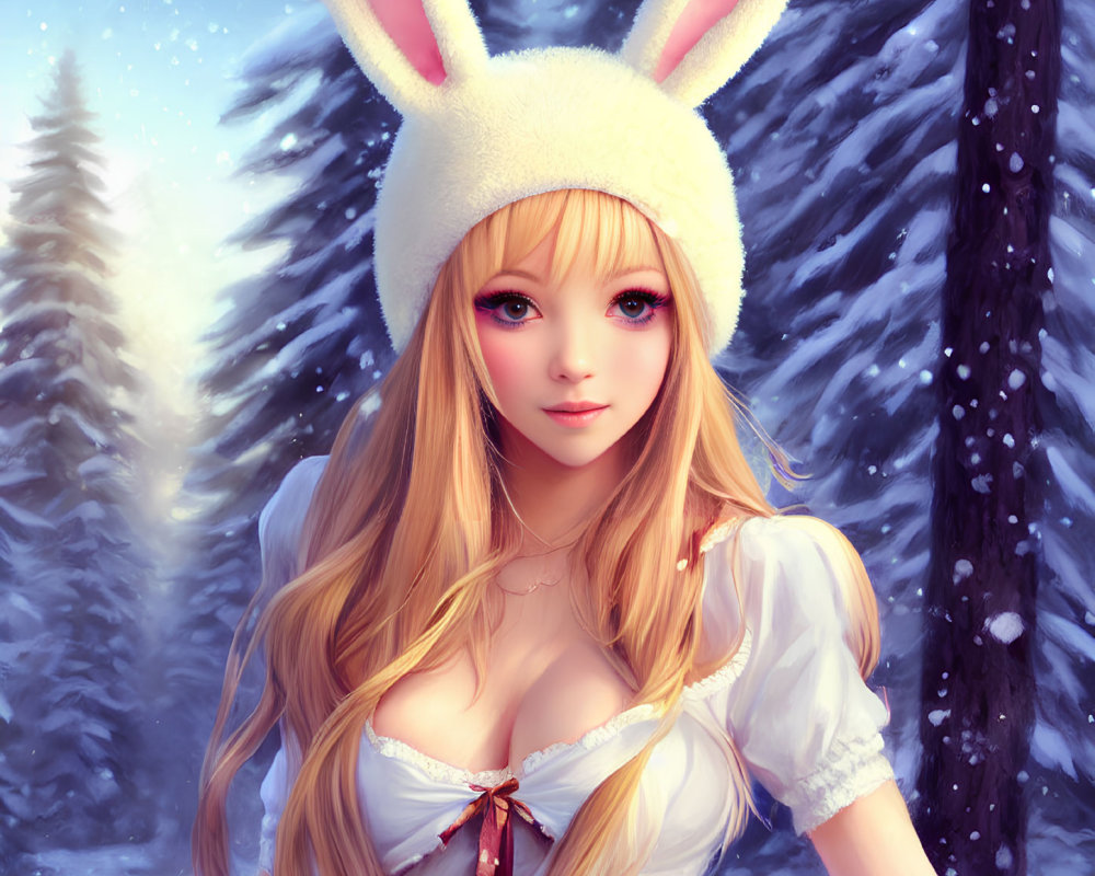 Blonde-haired female character in white dress and bunny-eared hat in snowy forest