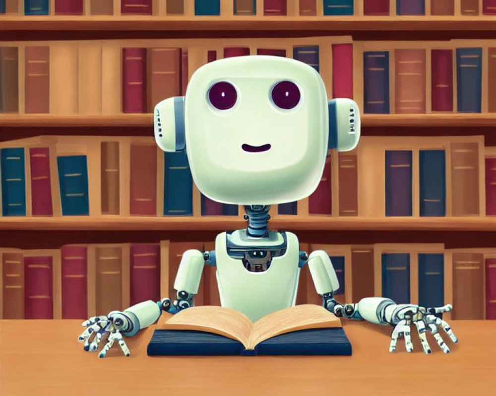 Adorable robot reading book at wooden desk surrounded by colorful books