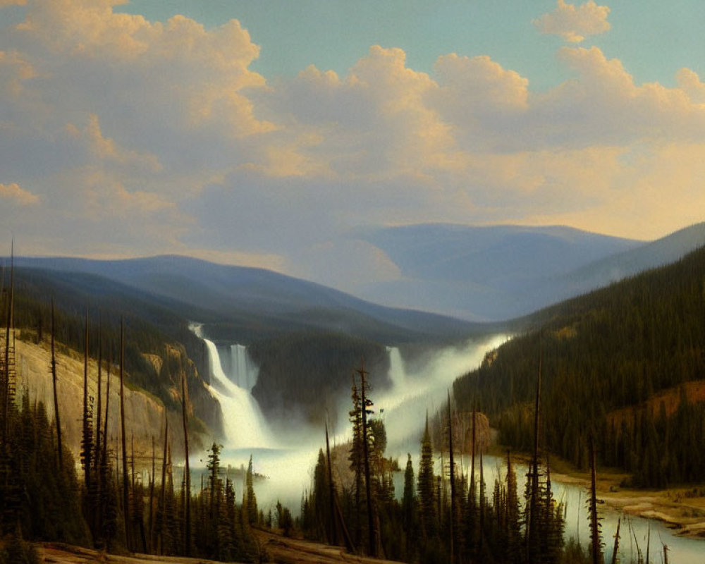 Tranquil landscape with waterfall, river, pine forests, cliffs, and sky