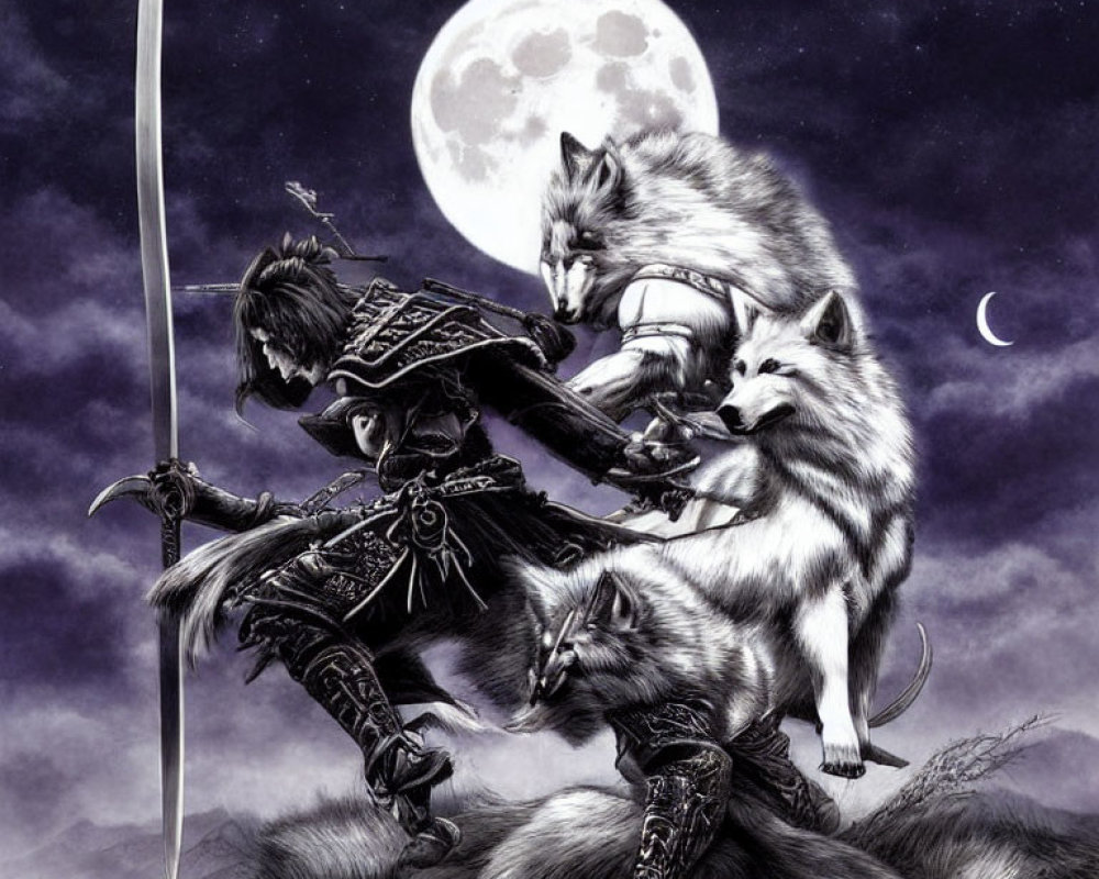 Armored warrior with sword and wolves under moonlit sky