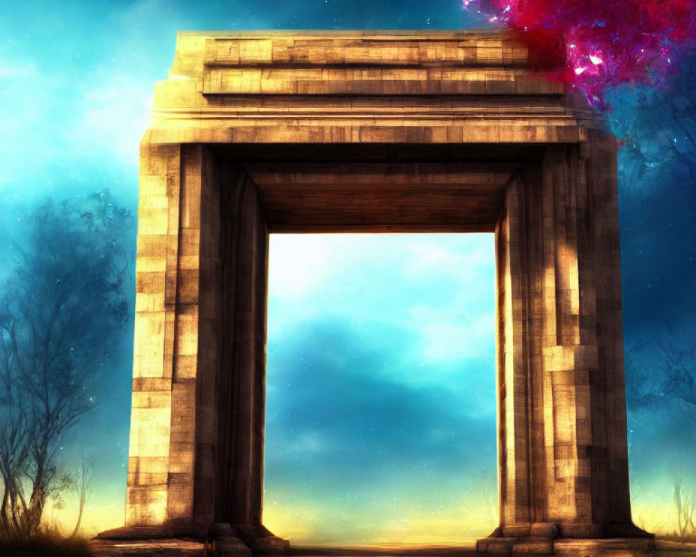 Ancient Stone Archway Under Surreal Nebula Sky