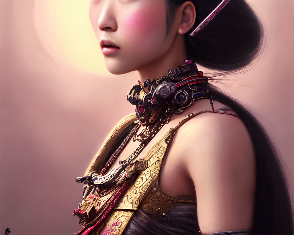 Asian-inspired warrior woman with metal shoulder piece and sword.