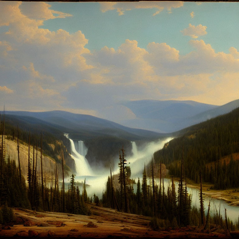 Tranquil landscape with waterfall, river, pine forests, cliffs, and sky