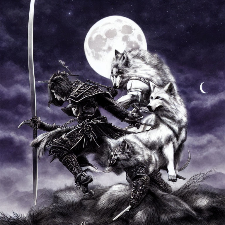 Armored warrior with sword and wolves under moonlit sky