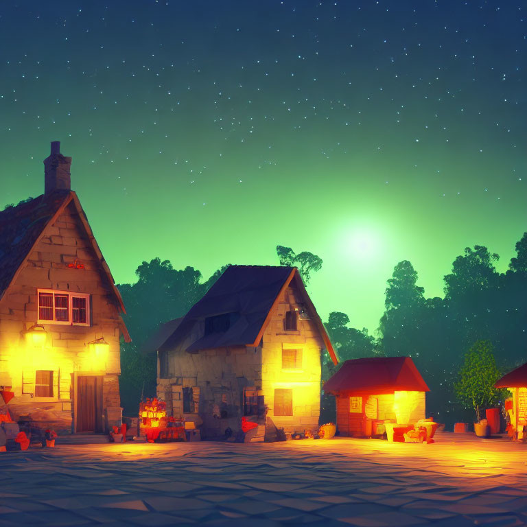 Tranquil forest setting with starry sky above cozy cottages