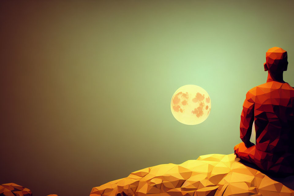 Low-poly illustration of person gazing at full moon on rocks