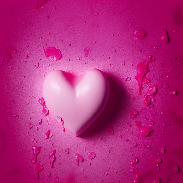 Pink glossy heart with water droplets on pink surface