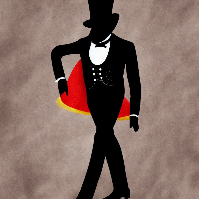 Elegant silhouette in formal attire with top hat and cane on textured brown background