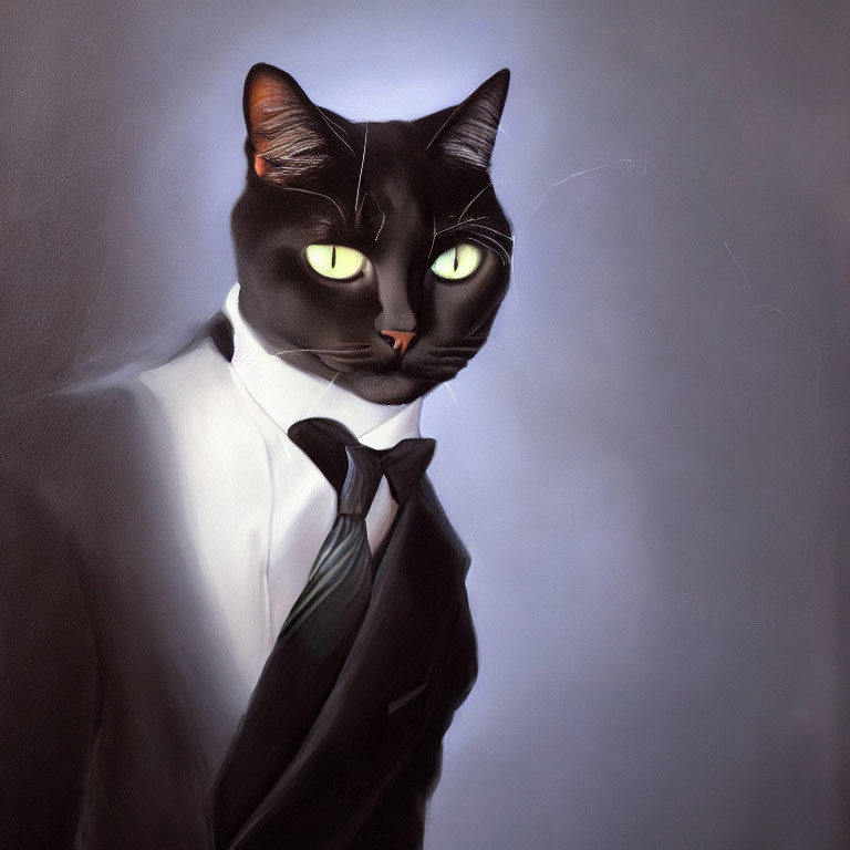 Cat with Human-like Features in Tuxedo and Tie Artwork