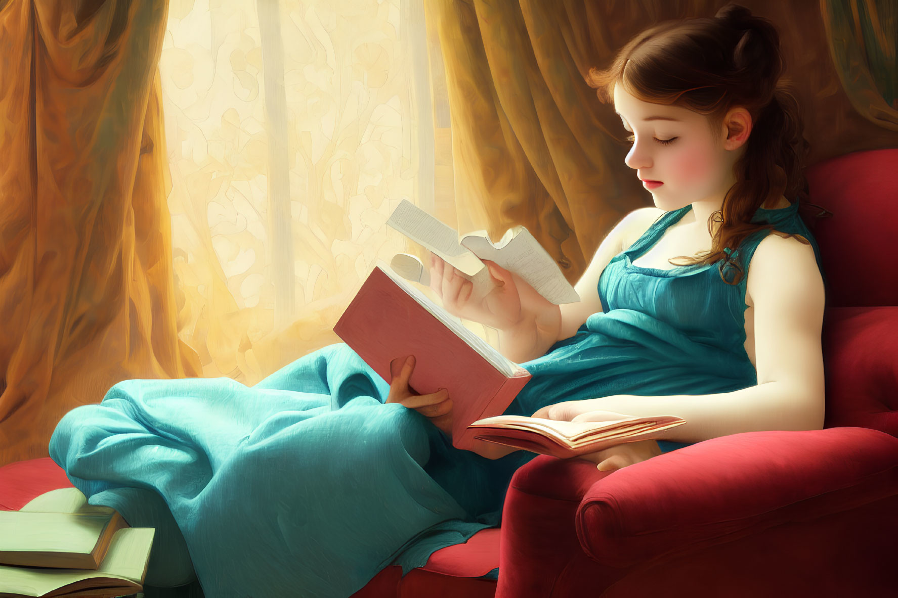 Young girl reading book on red chair in sunlight