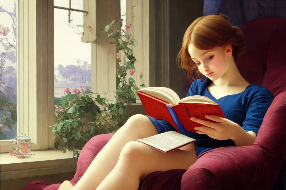 Young girl reading book by window with flowers and natural light