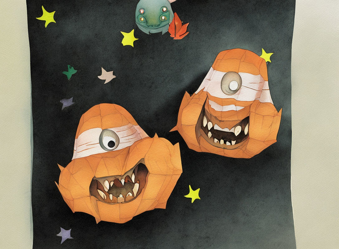 Stylized mummy-wrapped pumpkins with eyes, stars, and green creature on textured background