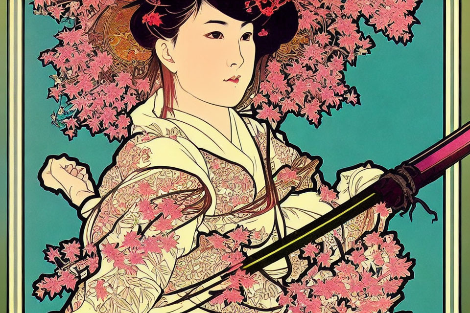 Japanese woman in kimono with umbrella and cherry blossoms