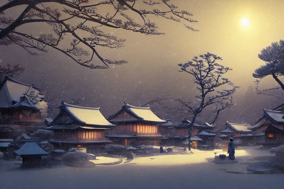 Snow-covered rooftops in traditional Japanese village under glowing moon