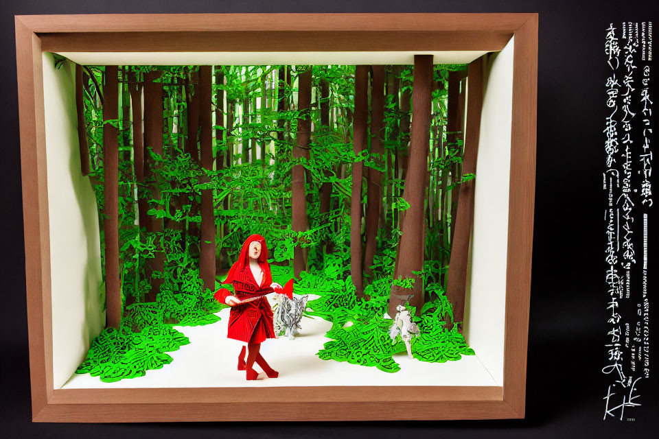 Three-Dimensional Paper Art Diorama of Little Red Riding Hood and Wolf in Forest