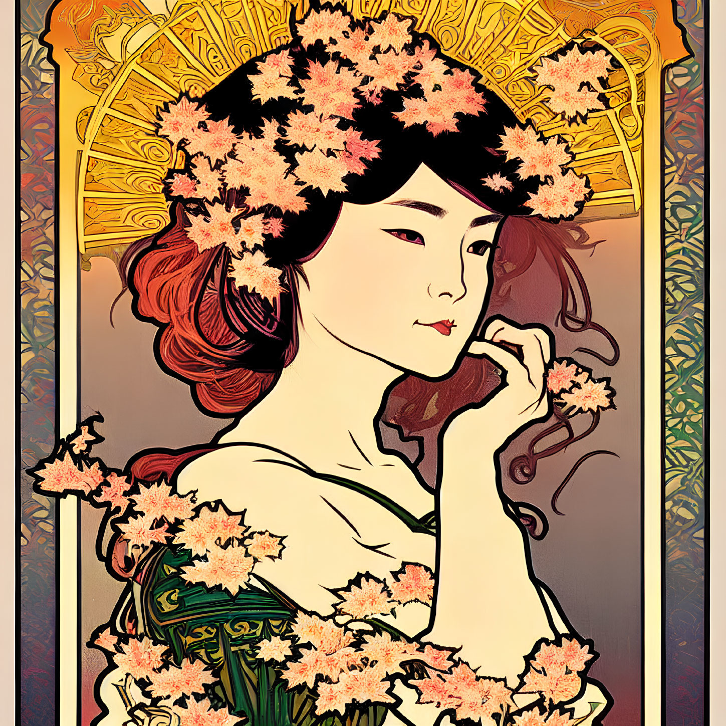 Art Nouveau style red-haired woman with pink flowers in ornate floral setting