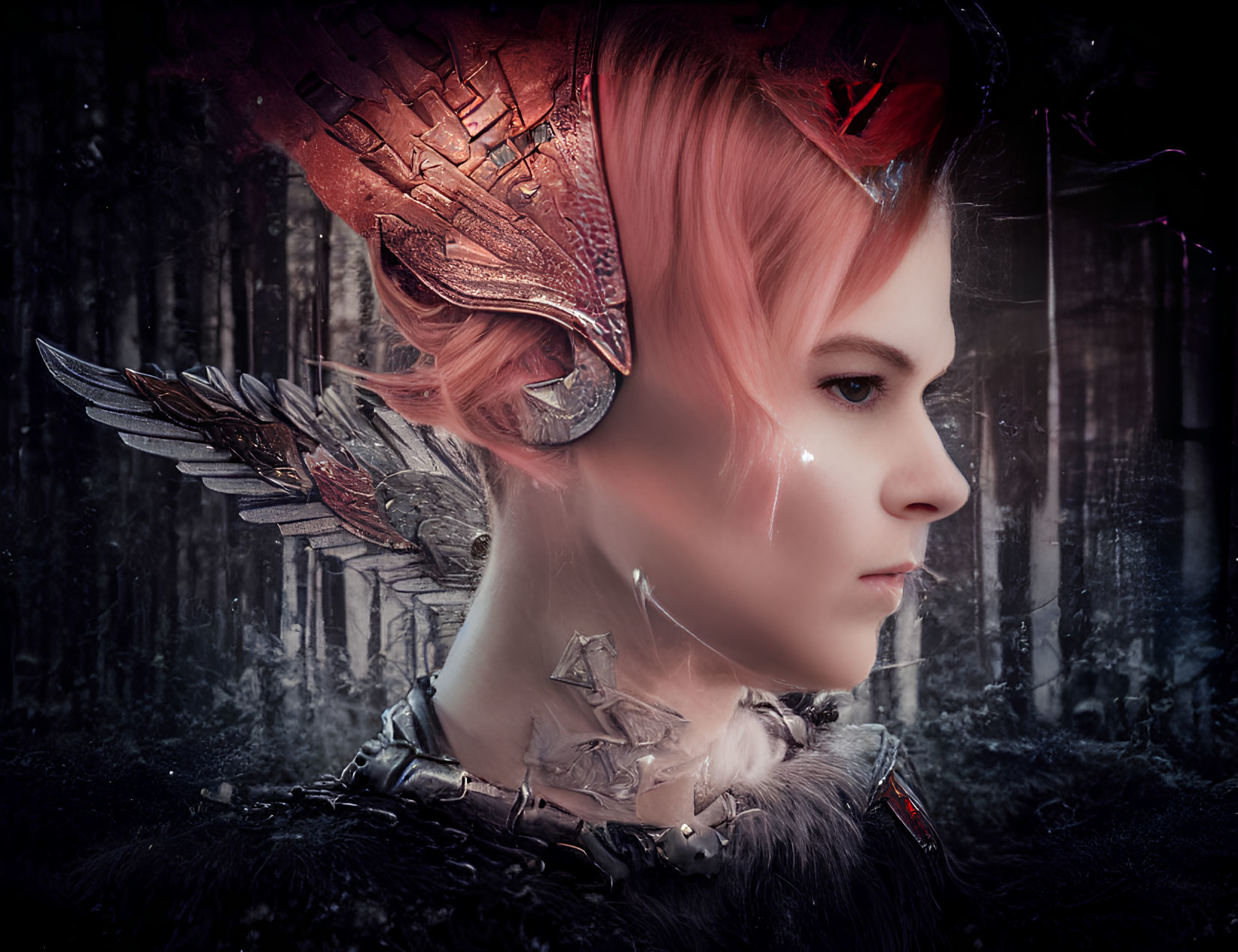 Person with Pink Hair in Fantasy Helmet Against Forest Backdrop