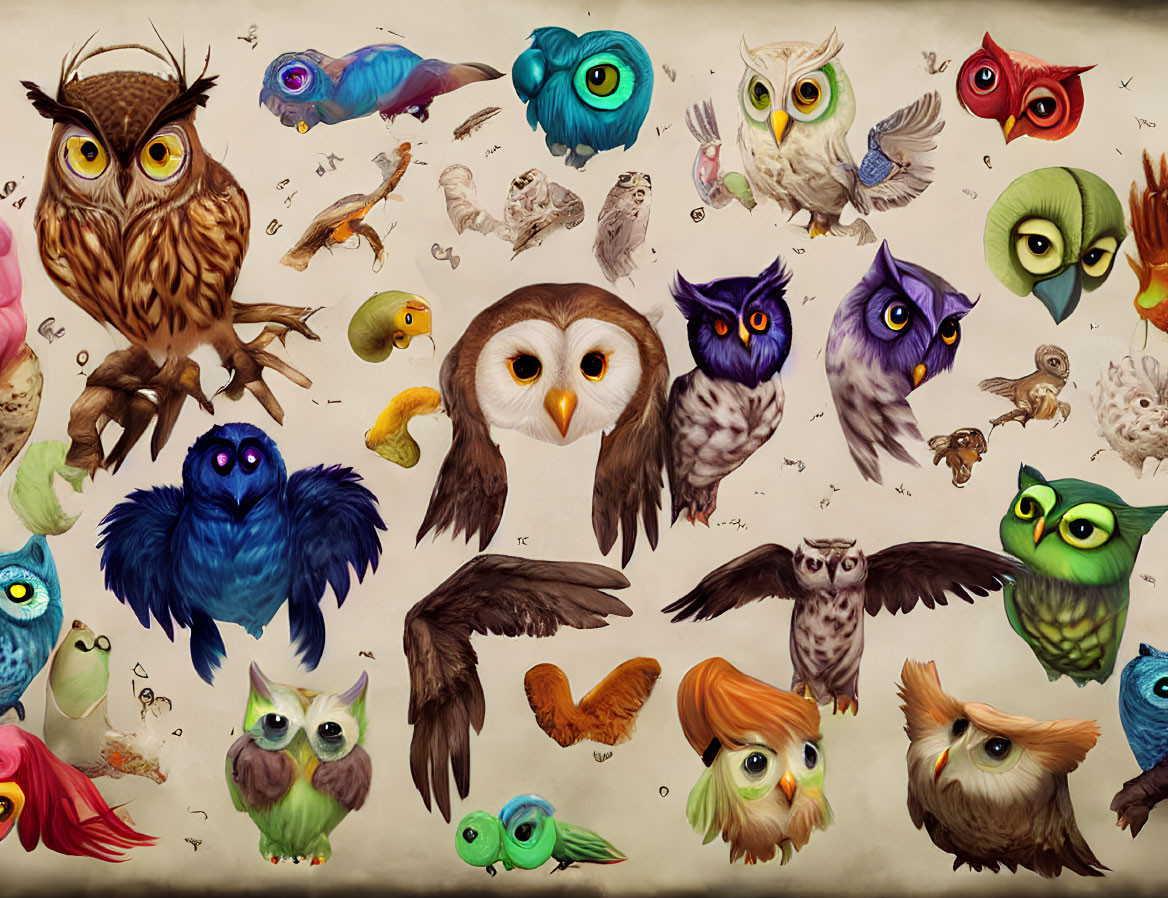 Whimsical, Colorful Owls with Various Expressions and Feather Patterns