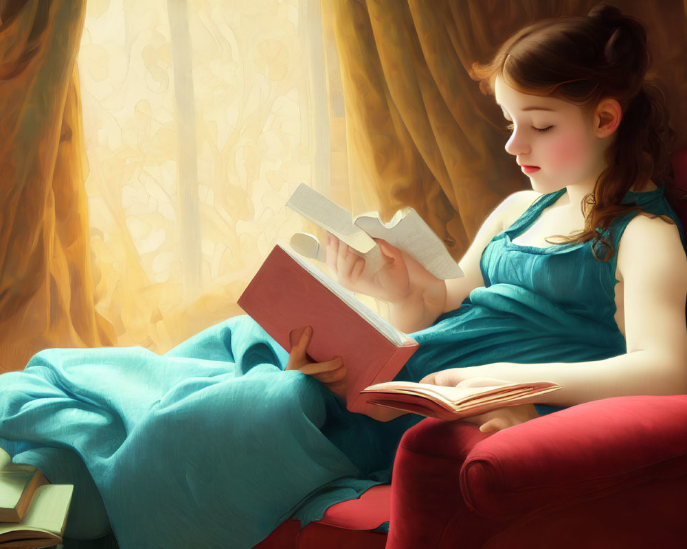 Young girl reading book on red chair in sunlight